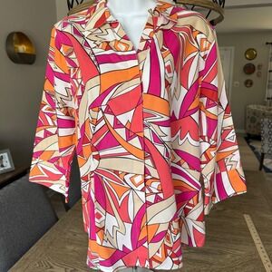 Chicos No-Iron Abstract Geometric Button Down Shirt Pink Orange 3/4 Sleeve 3 XL